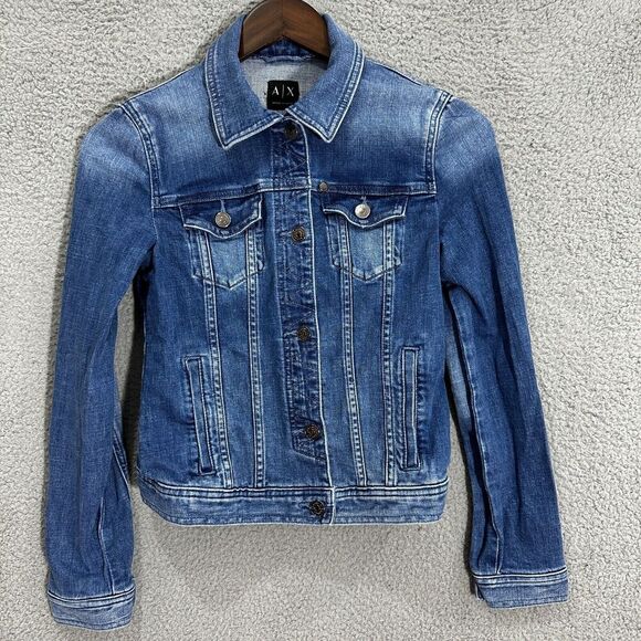 A/X Armani Exchange Cropped Denim Jean‎ Jacket Womens XS Blue Boho Chic Capsule - Picture 1 of 7